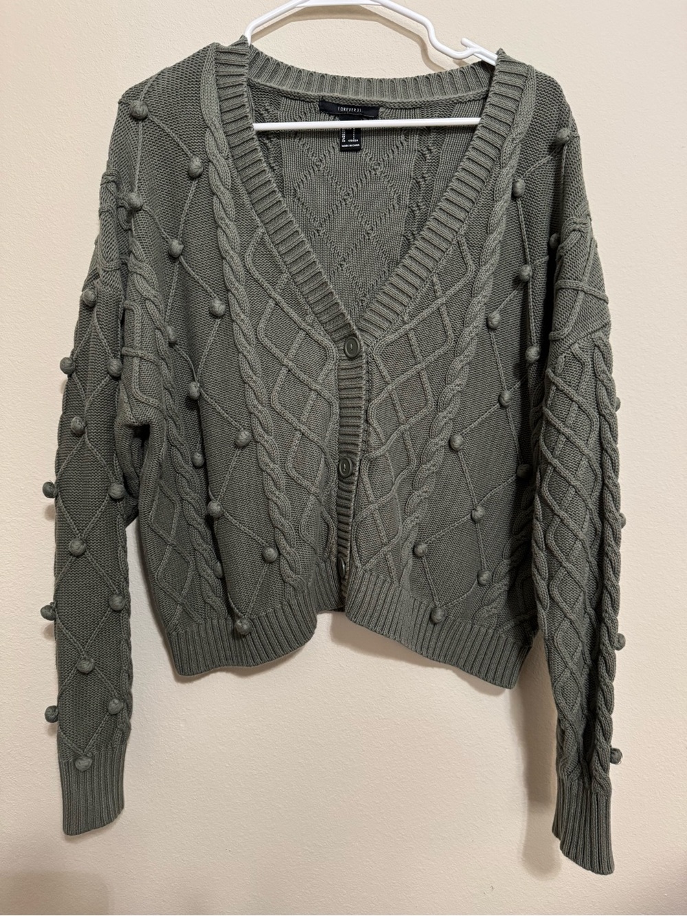Forever 21 Olive Green Pom-Pom Cable Knit Cardigan